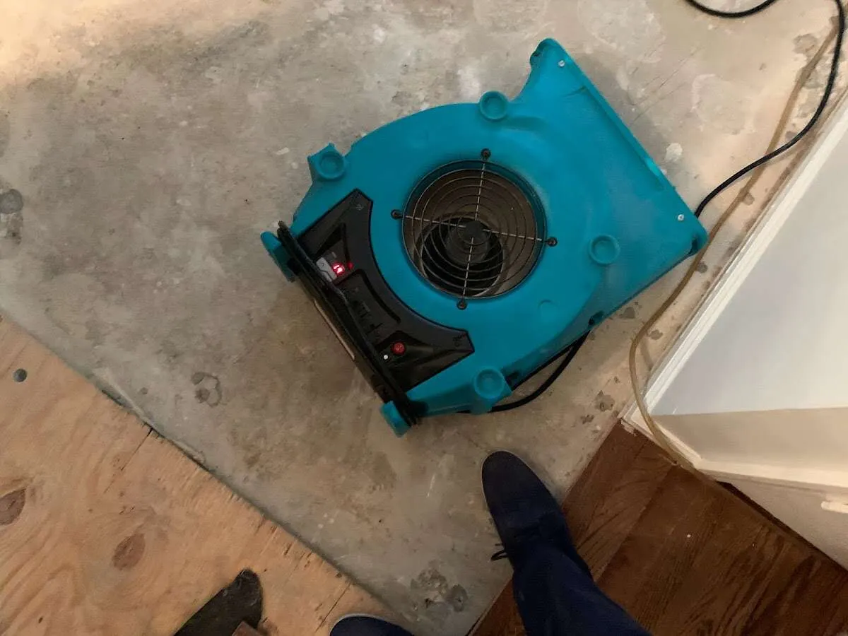 Air mover drying subfloor during Leak Detection & Repair in Centerville